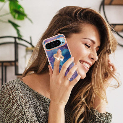 For Google Pixel 9 Pro XL Electroplating Marble Dual-side IMD Phone Case with Ring(Purple 016) by buy2fix