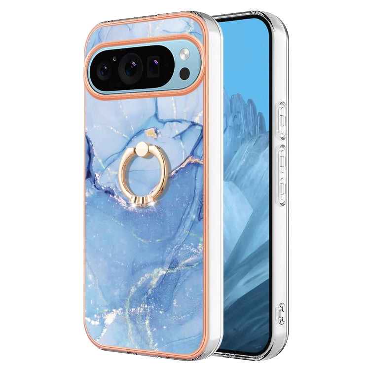 For Google Pixel 9 Pro XL Electroplating Marble Dual-side IMD Phone Case with Ring(Blue 018) by buy2fix