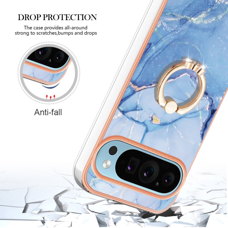 For Google Pixel 9 Pro XL Electroplating Marble Dual-side IMD Phone Case with Ring(Blue 018) by buy2fix