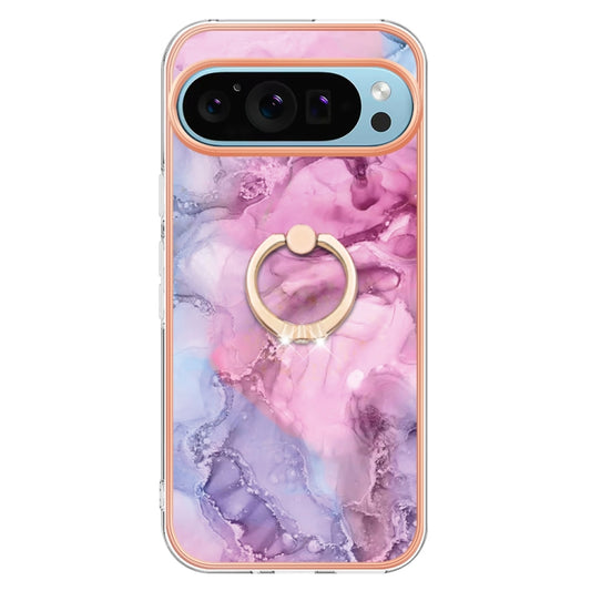 For Google Pixel 9 Pro XL Electroplating Marble Dual-side IMD Phone Case with Ring(Pink 013) by buy2fix
