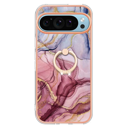 For Google Pixel 9 Pro XL Electroplating Marble Dual-side IMD Phone Case with Ring(Rose Red 014) by buy2fix