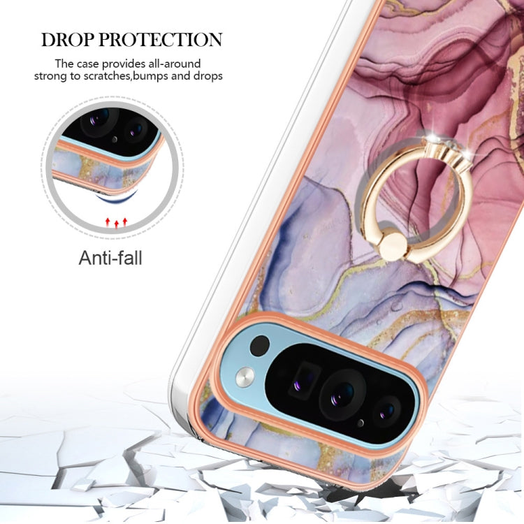 For Google Pixel 9 Pro XL Electroplating Marble Dual-side IMD Phone Case with Ring(Rose Red 014) by buy2fix