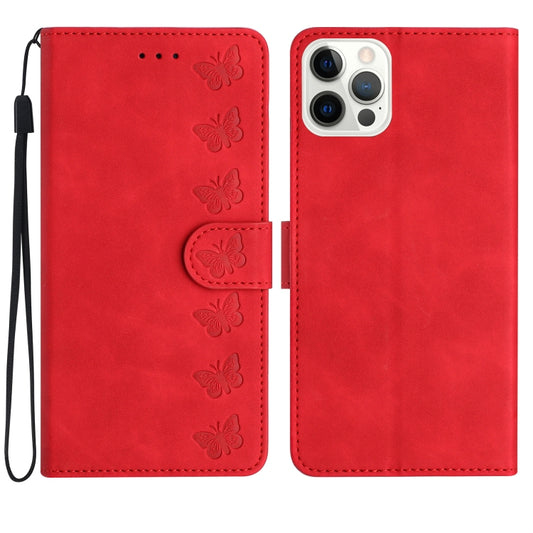 For iPhone 16 Pro Seven Butterflies Embossed Leather Phone Case(Red) by buy2fix