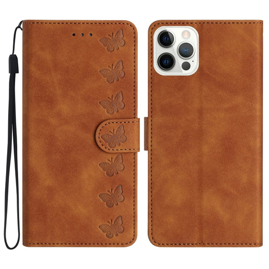 For iPhone 16 Pro Max Seven Butterflies Embossed Leather Phone Case(Brown) by buy2fix