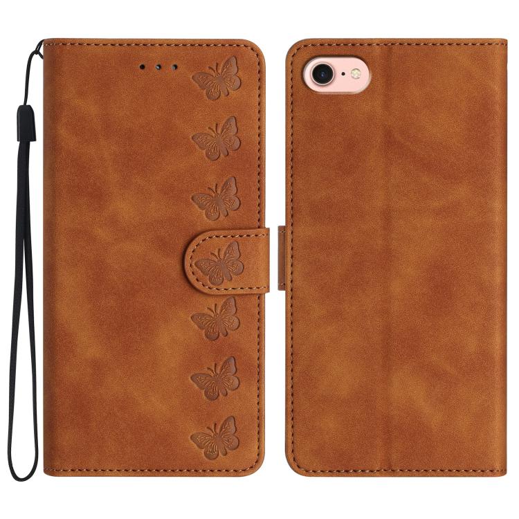For iPhone 16e Seven Butterflies Embossed Leather Phone Case(Brown) - iPhone 16e Cases by buy2fix | Online Shopping UK | buy2fix