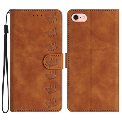 For iPhone 16e Seven Butterflies Embossed Leather Phone Case(Brown) - iPhone 16e Cases by buy2fix | Online Shopping UK | buy2fix