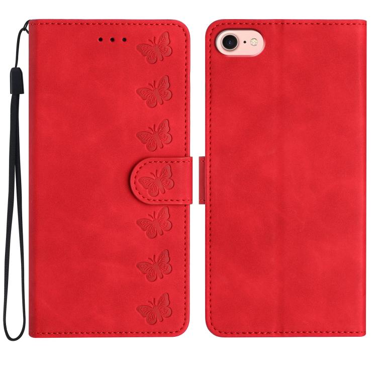 For iPhone 16e Seven Butterflies Embossed Leather Phone Case(Red) - iPhone 16e Cases by buy2fix | Online Shopping UK | buy2fix