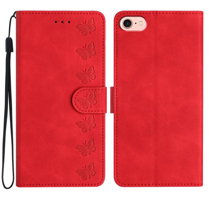 For iPhone 16e Seven Butterflies Embossed Leather Phone Case(Red) - iPhone 16e Cases by buy2fix | Online Shopping UK | buy2fix