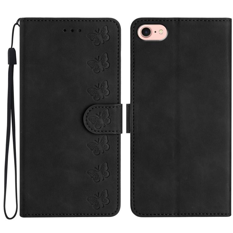 For iPhone 16e Seven Butterflies Embossed Leather Phone Case(Black) - iPhone 16e Cases by buy2fix | Online Shopping UK | buy2fix