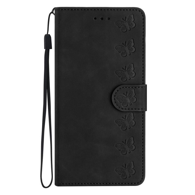 For iPhone 16e Seven Butterflies Embossed Leather Phone Case(Black) - iPhone 16e Cases by buy2fix | Online Shopping UK | buy2fix