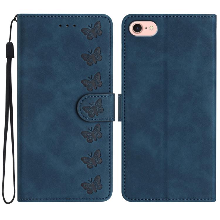 For iPhone 16e Seven Butterflies Embossed Leather Phone Case(Blue) - iPhone 16e Cases by buy2fix | Online Shopping UK | buy2fix