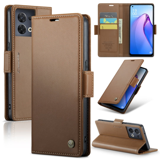 For OPPO Reno8 5G Global CaseMe 023 Butterfly Buckle Litchi Texture RFID Anti-theft Leather Phone Case(Brown)