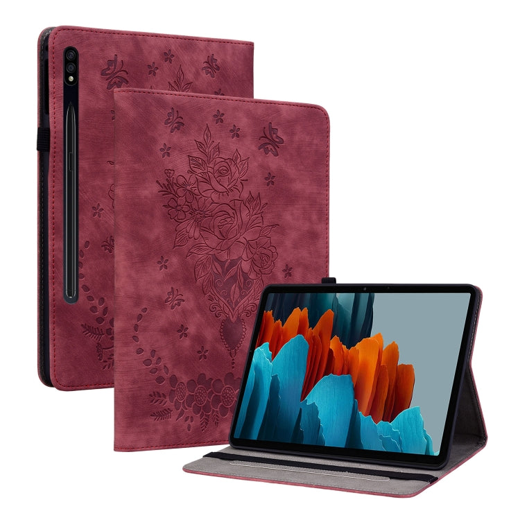 For Samsung Galaxy Tab S7 / S8 Butterfly Rose Embossed Leather Tablet Case(Red) by buy2fix