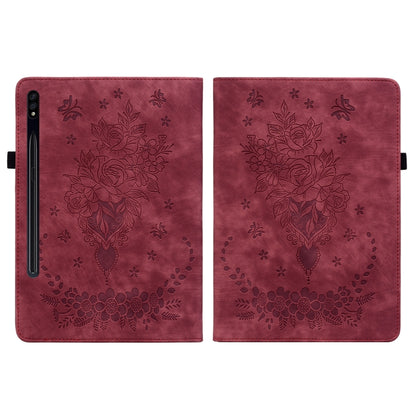 For Samsung Galaxy Tab S7 / S8 Butterfly Rose Embossed Leather Tablet Case(Red) by buy2fix