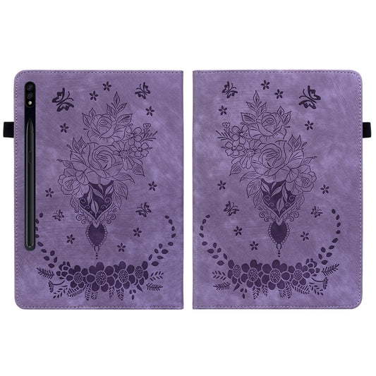For Samsung Galaxy Tab S8+ / S7+ / S7 FE Butterfly Rose Embossed Leather Tablet Case(Purple) - Galaxy Tab S8+ Cases by buy2fix | Online Shopping UK | buy2fix