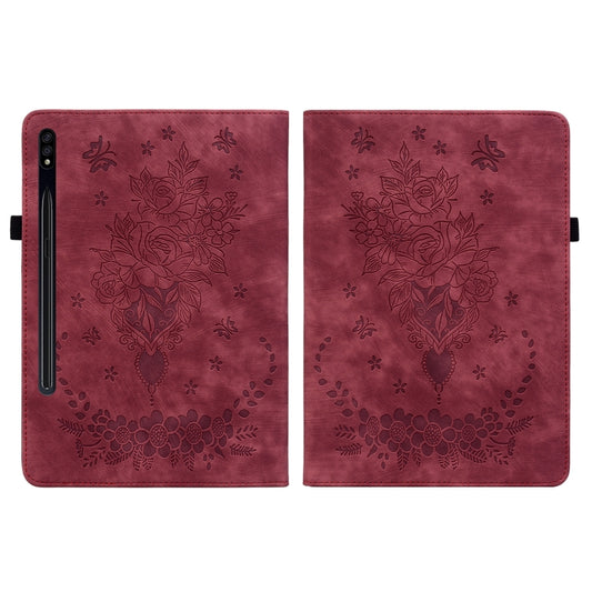 For Samsung Galaxy Tab S8+ / S7+ / S7 FE Butterfly Rose Embossed Leather Tablet Case(Red) by buy2fix