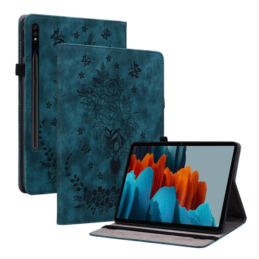 For Samsung Galaxy Tab S8+ / S7+ / S7 FE Butterfly Rose Embossed Leather Tablet Case(Dark Blue) by buy2fix