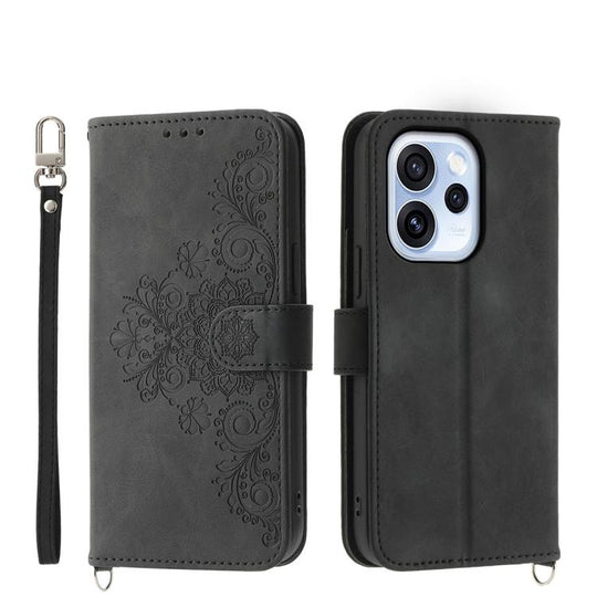 For OPPO Reno15 F 5G Skin Feel Flowers Embossed Wallet Leather Phone Case(Black)