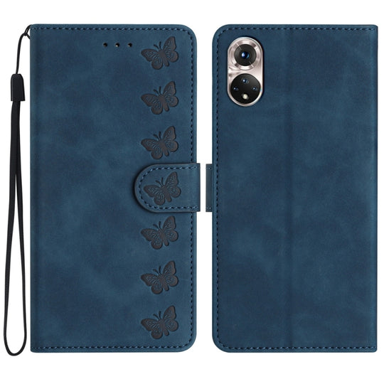 For Honor 50 Seven Butterflies Embossed Leather Phone Case(Blue)