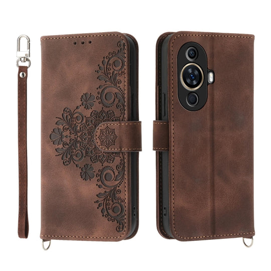 For Huawei nova 11 Skin Feel Flowers Embossed Wallet Leather Phone Case(Brown)