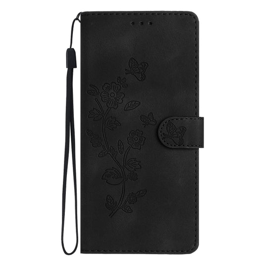 For iPhone 16 Plus Flower Butterfly Embossing Pattern Leather Phone Case(Black) - iPhone 16 Plus Cases by buy2fix | Online Shopping UK | buy2fix