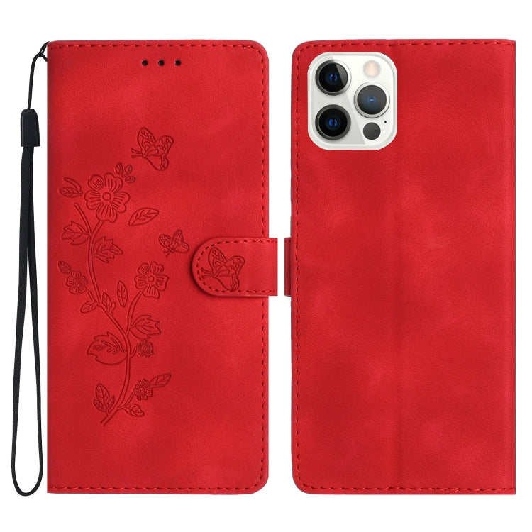 For iPhone 16 Pro Flower Butterfly Embossing Pattern Leather Phone Case(Red) by buy2fix