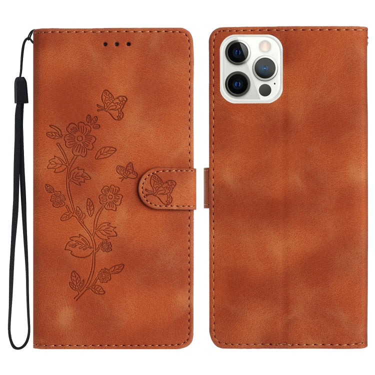 For iPhone 16 Pro Flower Butterfly Embossing Pattern Leather Phone Case(Brown) by buy2fix