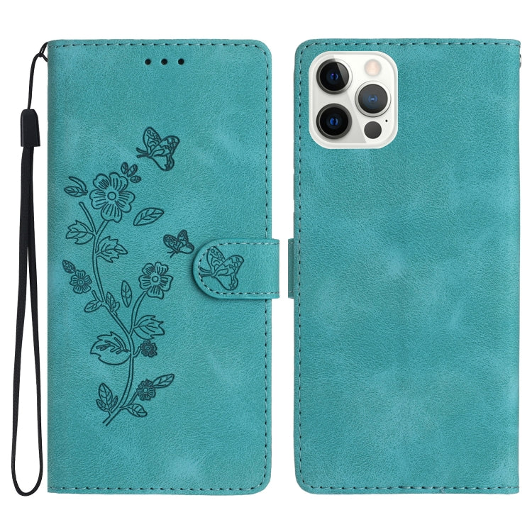 For iPhone 16 Pro Flower Butterfly Embossing Pattern Leather Phone Case(Sky Blue) by buy2fix