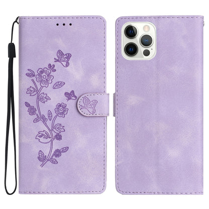 For iPhone 16 Pro Flower Butterfly Embossing Pattern Leather Phone Case(Purple) by buy2fix