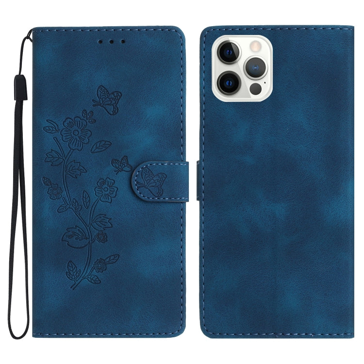 For iPhone 16 Pro Max Flower Butterfly Embossing Pattern Leather Phone Case(Blue) by buy2fix