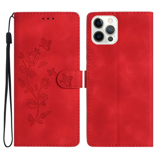 For iPhone 16 Pro Max Flower Butterfly Embossing Pattern Leather Phone Case(Red) by buy2fix