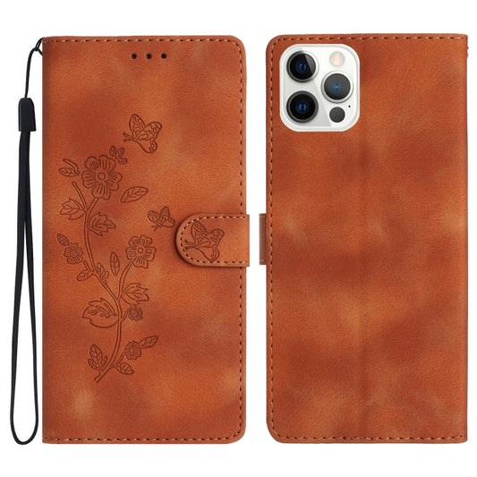 For iPhone 16 Pro Max Flower Butterfly Embossing Pattern Leather Phone Case(Brown) by buy2fix