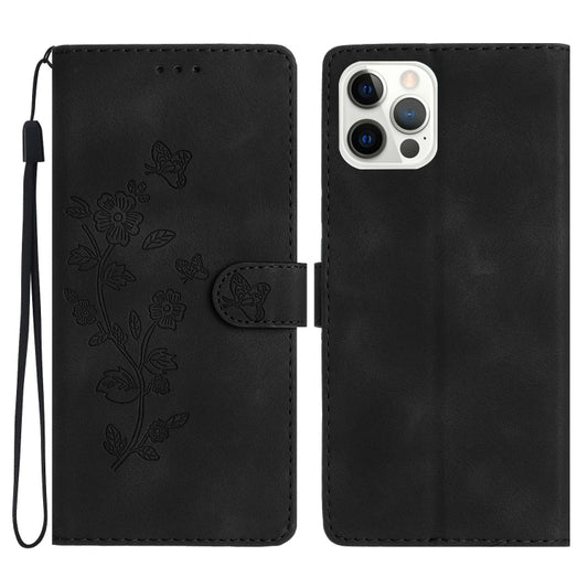 For iPhone 16 Pro Max Flower Butterfly Embossing Pattern Leather Phone Case(Black) by buy2fix