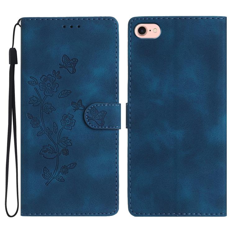 For iPhone 16e Flower Butterfly Embossing Pattern Leather Phone Case(Blue) - iPhone 16e Cases by buy2fix | Online Shopping UK | buy2fix