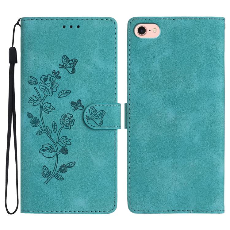 For iPhone 16e Flower Butterfly Embossing Pattern Leather Phone Case(Sky Blue) - iPhone 16e Cases by buy2fix | Online Shopping UK | buy2fix