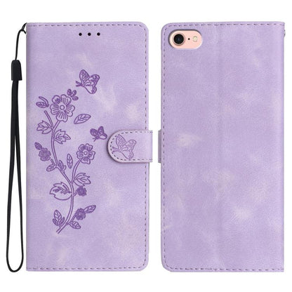 For iPhone 16e Flower Butterfly Embossing Pattern Leather Phone Case(Purple) - iPhone 16e Cases by buy2fix | Online Shopping UK | buy2fix