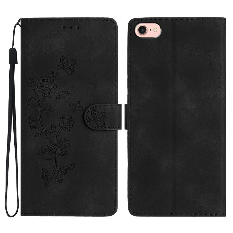 For iPhone 16e Flower Butterfly Embossing Pattern Leather Phone Case(Black) - iPhone 16e Cases by buy2fix | Online Shopping UK | buy2fix
