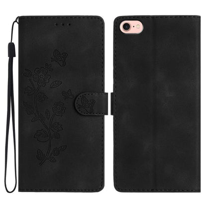 For iPhone 16e Flower Butterfly Embossing Pattern Leather Phone Case(Black) - iPhone 16e Cases by buy2fix | Online Shopping UK | buy2fix