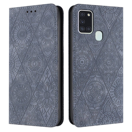 For Samsung Galaxy A21s Ethnic Embossed Adsorption Leather Phone Case(Grey)