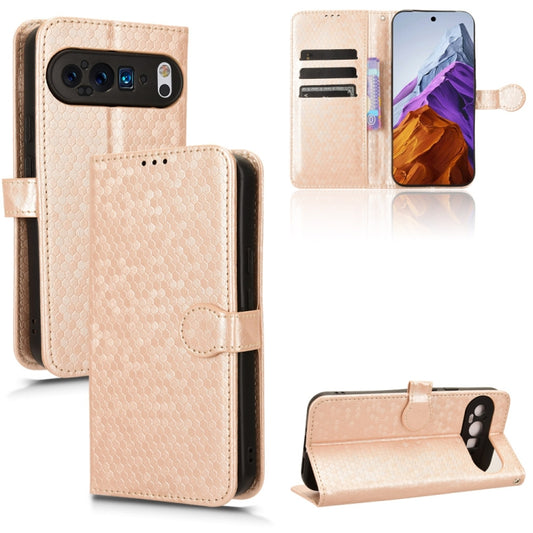 For Google Pixel 9 Pro Honeycomb Dot Texture Leather Phone Case(Gold) by buy2fix