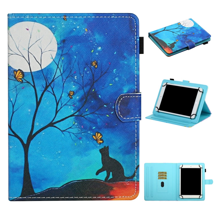 For 7 inch Universal Tablet PC Colored Drawing Pattern Horizontal Flip Leather Case with Holder & Card Slots(Moonlight Cat) - 7 inch by buy2fix | Online Shopping UK | buy2fix