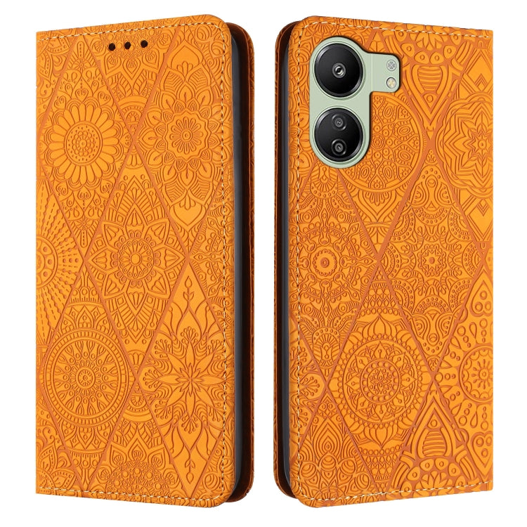 For Xiaomi Redmi 13C Ethnic Embossed Adsorption Leather Phone Case(Yellow) by buy2fix