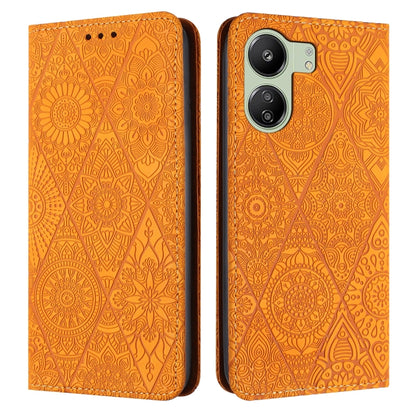 For Xiaomi Redmi 13C Ethnic Embossed Adsorption Leather Phone Case(Yellow) by buy2fix