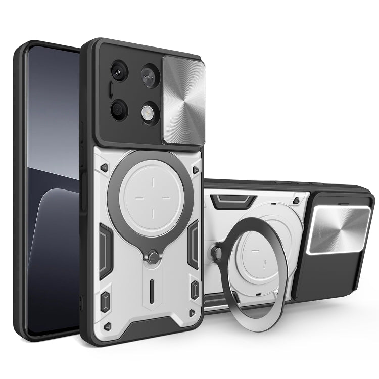 For Xiaomi Redmi Note 13 5G CD Texture Sliding Camshield Magnetic Holder Phone Case(Silver) - Xiaomi Cases by buy2fix | Online Shopping UK | buy2fix