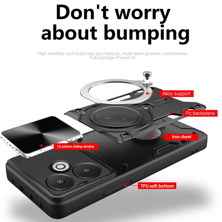 For Xiaomi Redmi 13C 5G Global CD Texture Sliding Camshield Magnetic Holder Phone Case(Black) by buy2fix
