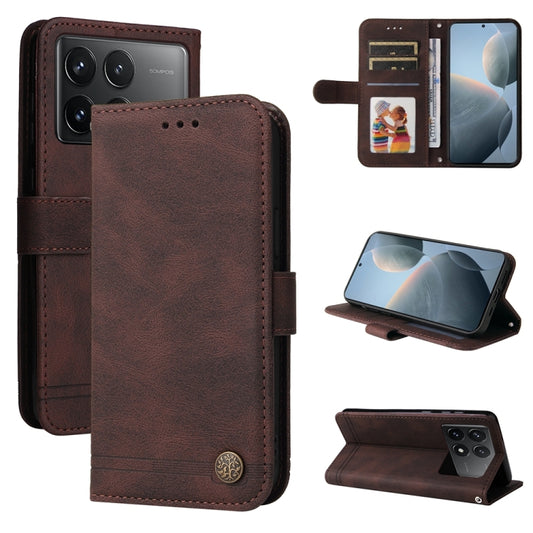 For Xiaomi Redmi K70E Skin Feel Life Tree Metal Button Leather Phone Case(Brown) - Xiaomi Cases by buy2fix | Online Shopping UK | buy2fix