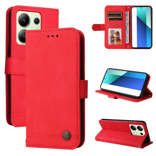 For Xiaomi Redmi Note13 4G Skin Feel Life Tree Metal Button Leather Phone Case(Red) - Xiaomi Cases by buy2fix | Online Shopping UK | buy2fix
