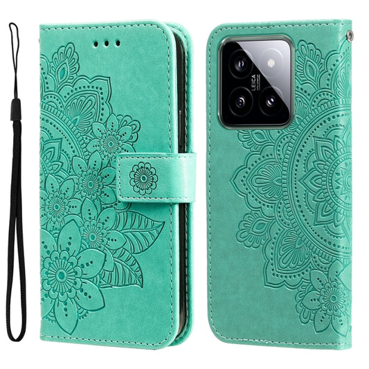For Xiaomi 14 7-petal Flowers Embossing Leather Phone Case(Green) - Xiaomi Cases by buy2fix | Online Shopping UK | buy2fix