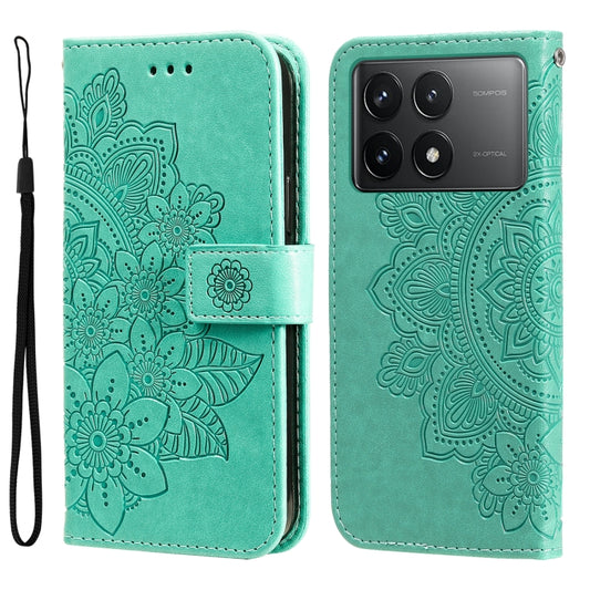 For Xiaomi Redmi K70E 7-petal Flowers Embossing Leather Phone Case(Green) - Xiaomi Cases by buy2fix | Online Shopping UK | buy2fix