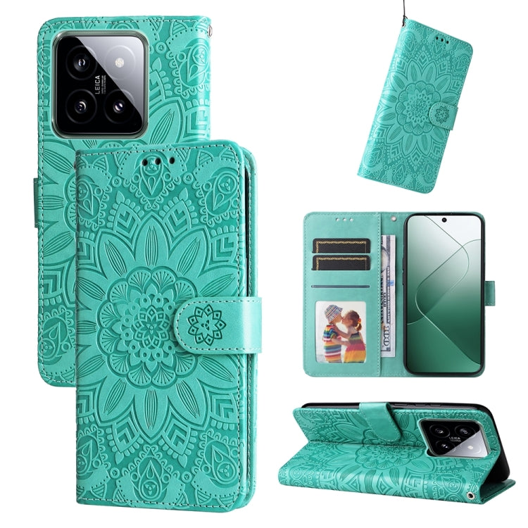 For Xiaomi 14 Embossed Sunflower Leather Phone Case(Green) - Xiaomi Cases by buy2fix | Online Shopping UK | buy2fix